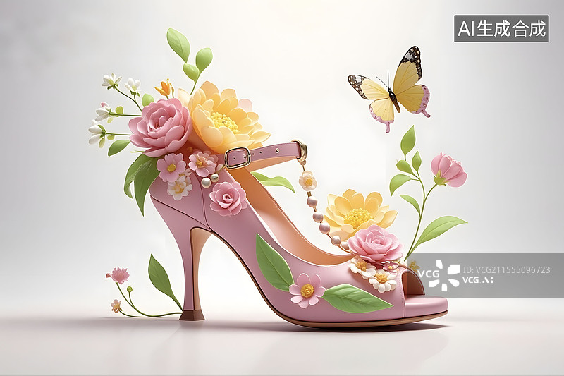 【AI数字艺术】3D三维春天高跟鞋特写花朵蝴蝶装饰艺术图片素材