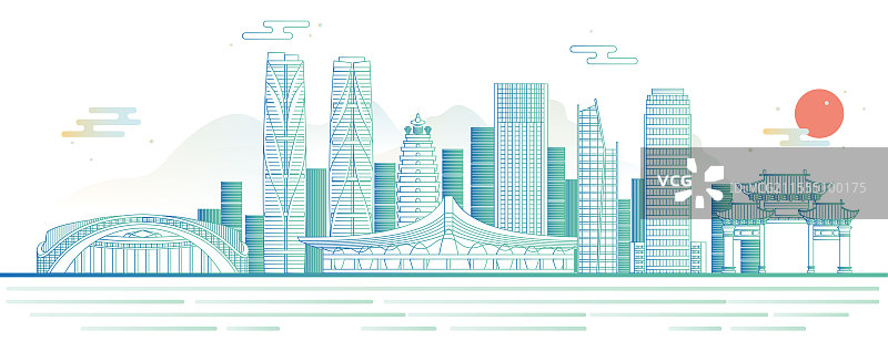 云南昆明地标建筑城市天际线国风新中式矢量图线条绿色山水画图片素材