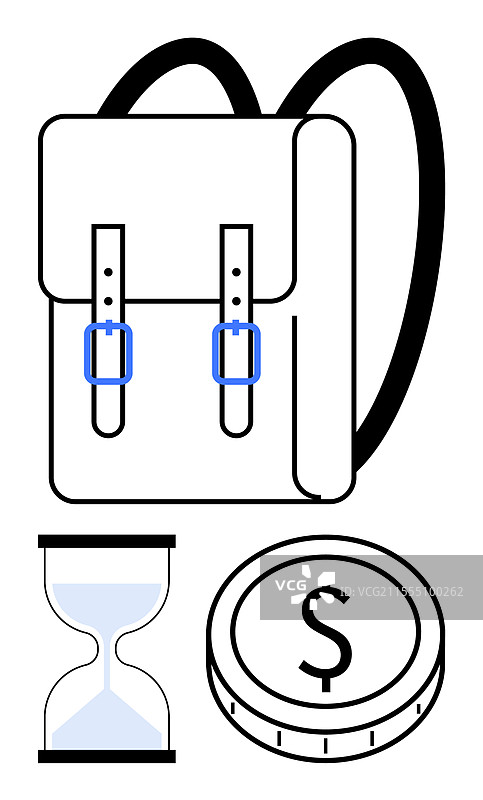 背包、沙漏和硬币的象征图片素材