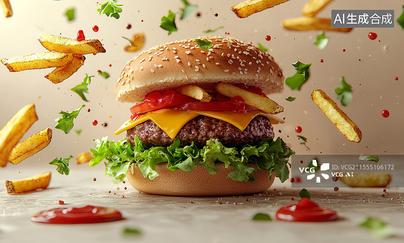 【AI数字艺术】悬浮的汉堡与飞散的薯条图片素材