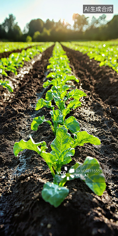 【AI数字艺术】农田中幼苗沿垄生长 黑褐色土壤衬托绿色植株图片素材