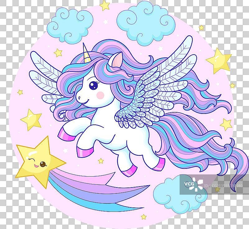 一只可爱的卡通白色独角兽，身后拖着一条长长的彩虹图片素材