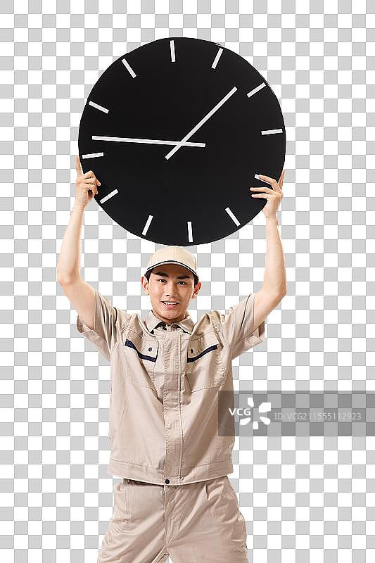 年轻的快递员手举着钟表图片素材