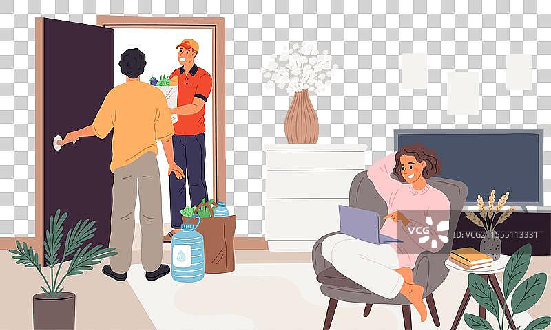 卡通人物与送货员使用门图片素材