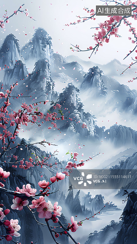 【AI数字艺术】中国传统蓝白色梅花山水画插画海报背景图片素材