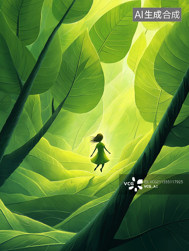 【AI数字艺术】一个小女孩在巨大的绿色森林里走向光明图片素材