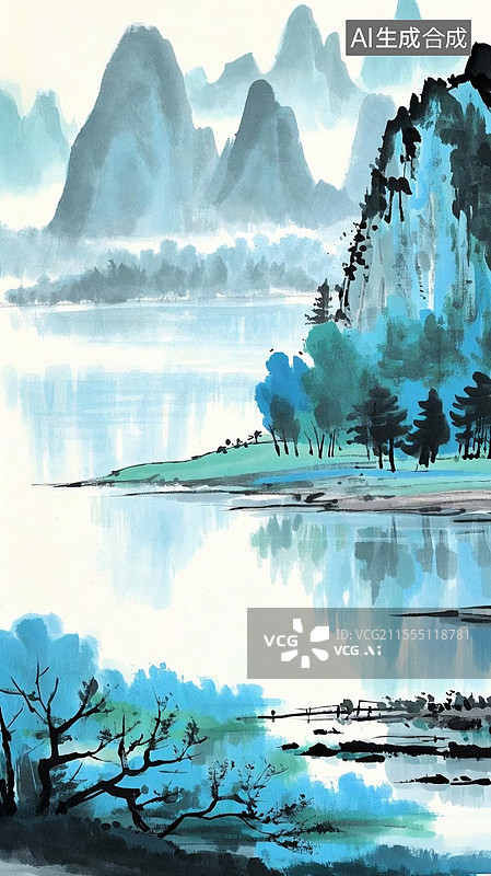 【AI数字艺术】水墨山水间的宁静致远图片素材