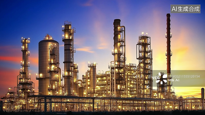 【AI数字艺术】夜幕下的工业奇观：炼油厂的璀璨灯火图片素材