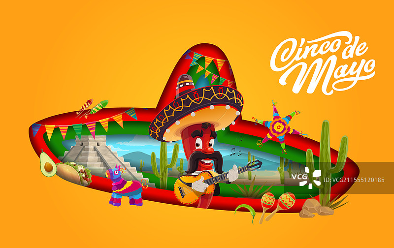 墨西哥草帽剪纸五一节横幅图片素材