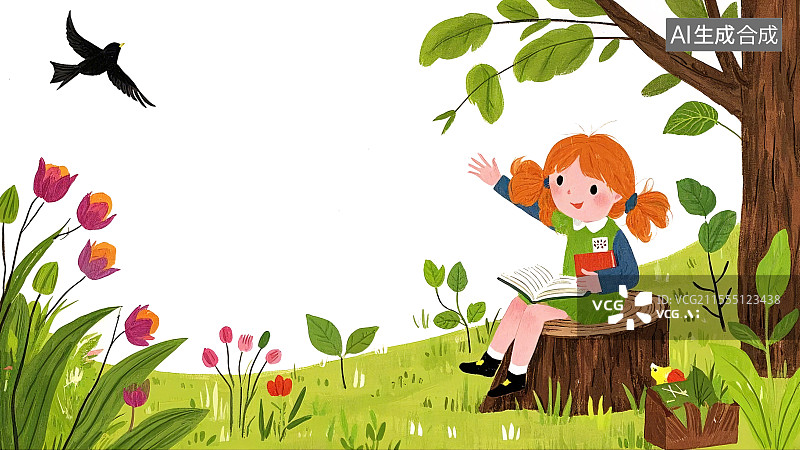 【AI数字艺术】2D卡通清新女孩插画背景右下图片素材