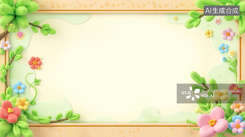 【AI数字艺术】3D卡通春天植物边框背景图片素材