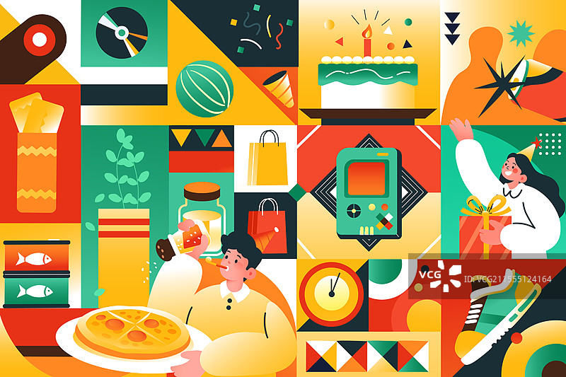 卡通电商消费券优惠团购娱乐休闲生活生日祝福蛋糕美食餐饮设计拼接图案食品饮料吃饭聚餐活动渐变矢量插画图片素材