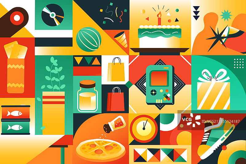 卡通电商消费券优惠团购娱乐休闲生活生日祝福蛋糕美食餐饮设计拼接图案食品饮料吃饭聚餐活动渐变矢量插画图片素材