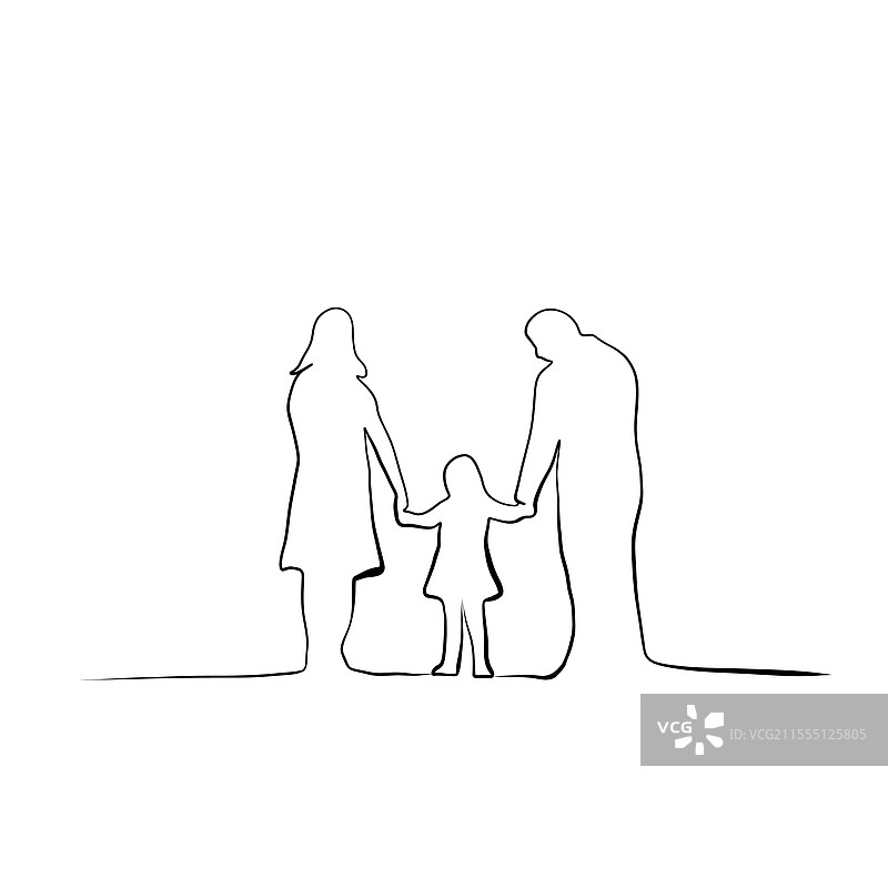 一笔画的线条画，描绘了一位母亲和她的家庭图片素材