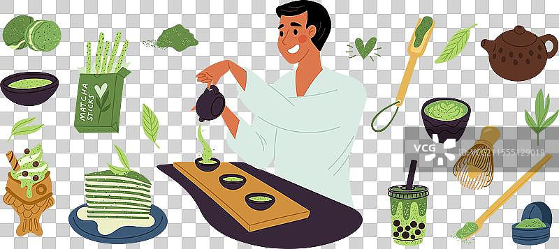 卡通抹茶元素茶道，男子倒茶图片素材