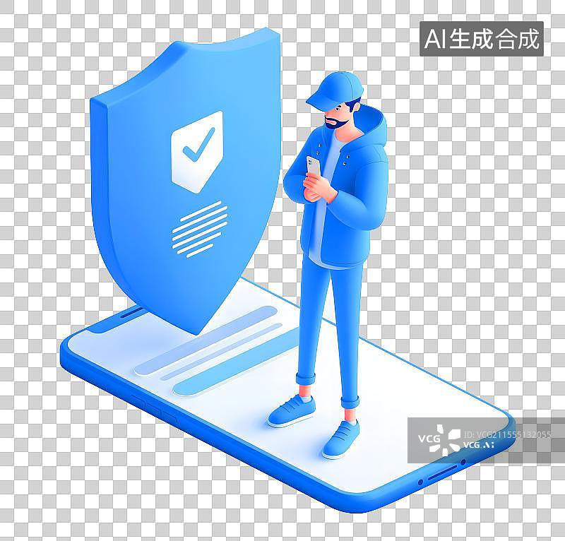 【AI数字艺术】3D图标盾锁网络安全人物免抠元素图片素材