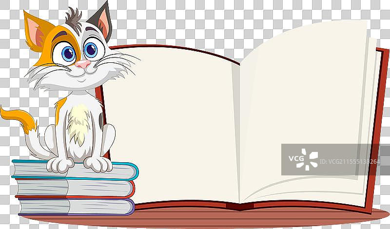可爱的猫咪坐在书旁，旁边有一本打开的书图片素材
