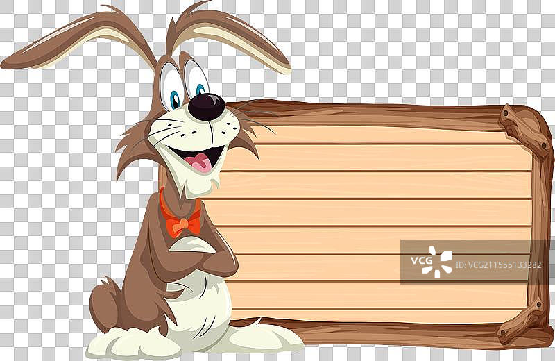 卡通兔子坐在一块空白的木牌旁边图片素材