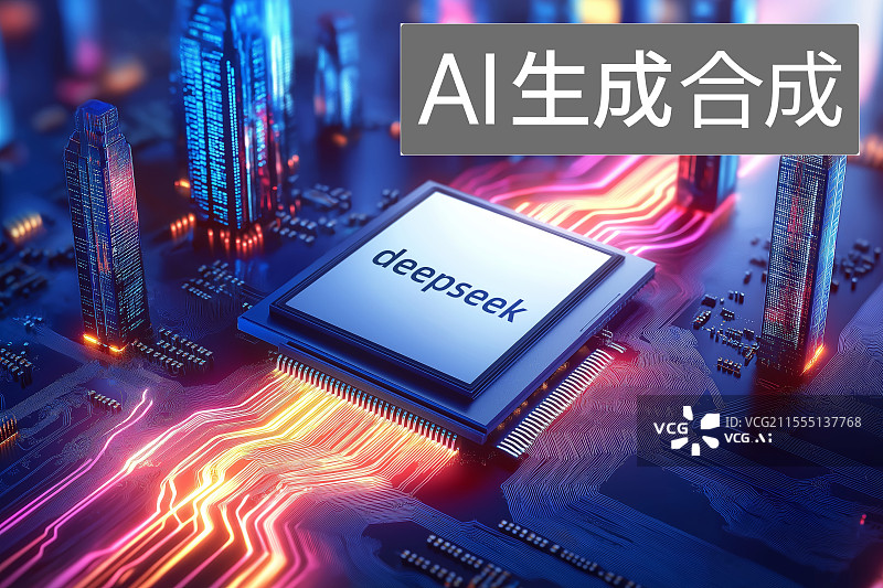 【AI数字艺术】具有科技感的集成电路智能芯片漂浮在现代城市空间中，AI人工智能、大数据、数据分析、科技概念图片素材