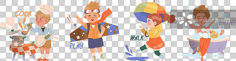 儿童角色展示动作动词和词汇图片素材