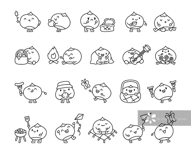 一组可爱的卡哇伊栗子角色在野餐中图片素材