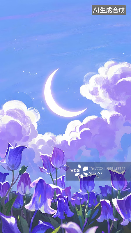 【AI数字艺术】蓝紫色的背景，不同色阶的紫色画得云，有一轮发光的白色弯月，画面下方是一片紫色的风铃花图片素材