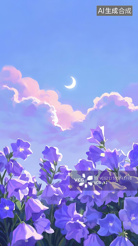 【AI数字艺术】蓝紫色的背景，不同色阶的紫色画得云，有一轮发光的白色弯月，画面下方是一片紫色的风铃花图片素材