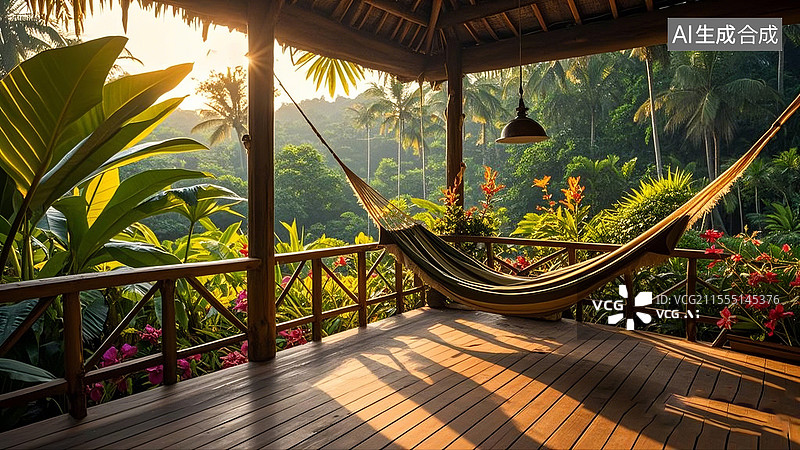 【AI数字艺术】热带风情私家花园吊床度假图片素材