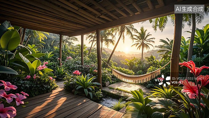 【AI数字艺术】热带风情私家花园吊床度假图片素材