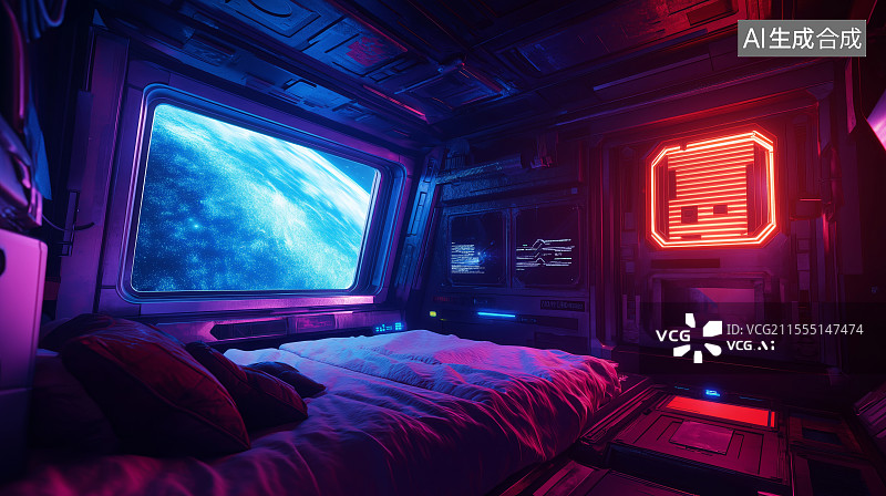 【AI数字艺术】赛博朋克风未来科技感星际旅行太空卧室图片素材