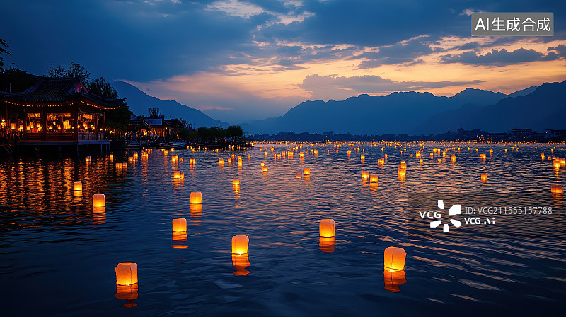 【AI数字艺术】中元节祈福放河灯浮灯图片素材