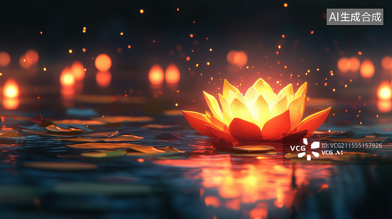 【AI数字艺术】中元节许愿祈福放河灯浮灯莲花蜡烛灯场景插画图片素材
