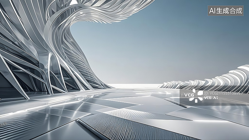 【AI数字艺术】金属银色调未来超现实主义空间图片素材