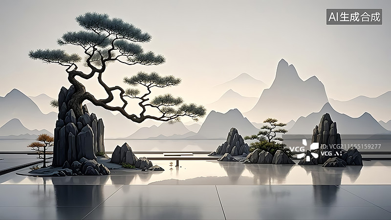 【AI数字艺术】新中式国潮风格水墨山水背景插画图片素材
