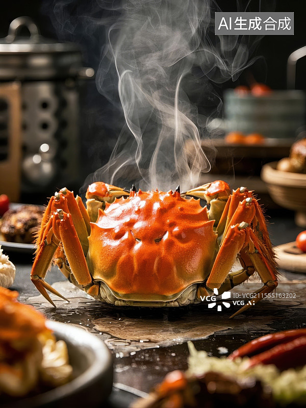 【AI数字艺术】热气腾腾：锅中清蒸大闸蟹图片素材