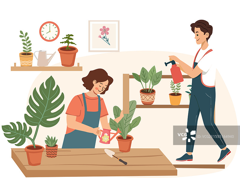 男女在室内浇花图片素材