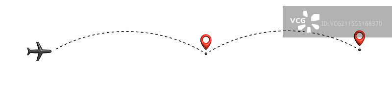 飞机沿着虚线航迹飞行，前方有两个标记。图片素材