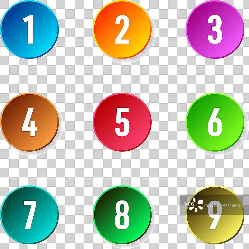 彩色3D网页按钮，上面带有白色数字图片素材