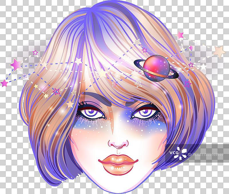 可爱的青少年女孩，化着银河妆，头发染成紫色。图片素材