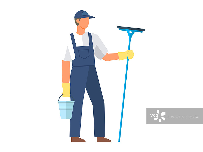 穿着工装的男子用刮水器清洁窗户图片素材