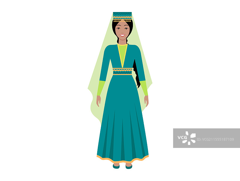 身穿绿色和黄色传统服饰的女性图片素材