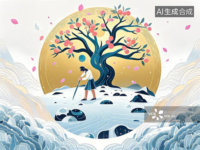 【AI数字艺术】月宫桂树手绘插画：玉屑与吴刚伐木的神话寒香场景图片素材