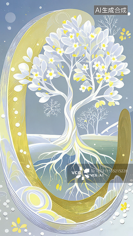【AI数字艺术】月宫桂树手绘插画：玉屑与吴刚伐木的神话寒香场景图片素材