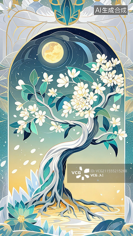 【AI数字艺术】月宫桂树手绘插画：玉屑与吴刚伐木的神话寒香场景图片素材