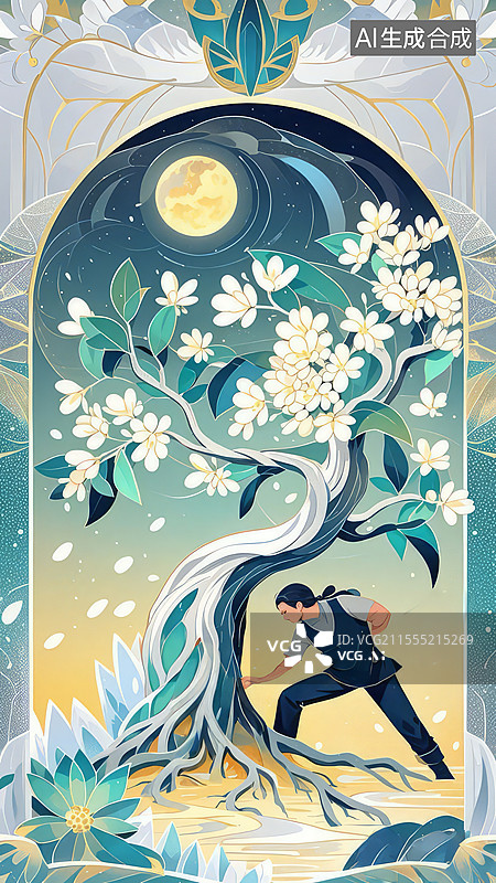 【AI数字艺术】月宫桂树手绘插画：玉屑与吴刚伐木的神话寒香场景图片素材