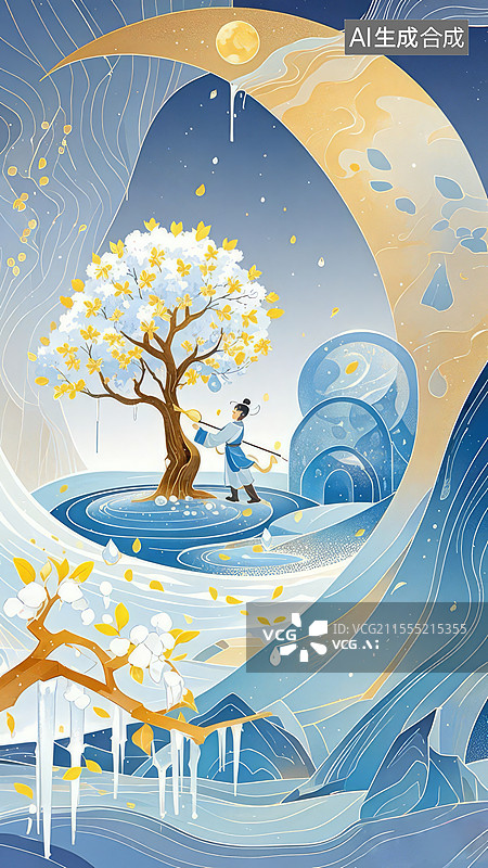 【AI数字艺术】月宫桂树手绘插画：玉屑与吴刚伐木的神话寒香场景图片素材
