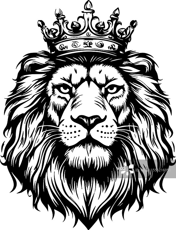 戴着皇家皇冠的狮子头部，细致的野生动物描绘图片素材