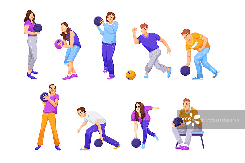 保龄球运动员以各种姿势投球图片素材