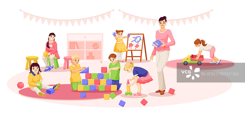 孩子们在幼儿园玩耍和学习图片素材