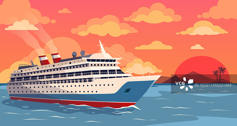 在日落时分航行的游轮，色彩斑斓图片素材
